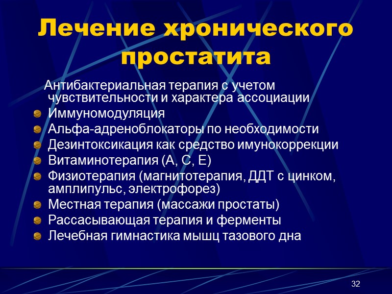 32 Лечение хронического простатита    Антибактериальная терапия с учетом чувствительности и характера